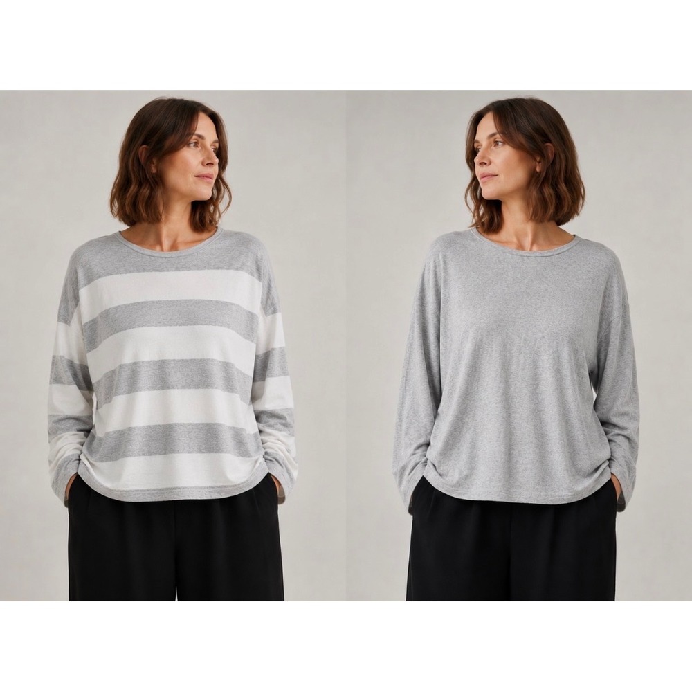 EILEEN FISHER Round Nk Box Top Sweater Size Large Dark Pearl/White Retail $238